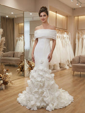White Off-the-Shoulder Mermaid Prom Dresses with 3D Rosette Skirt