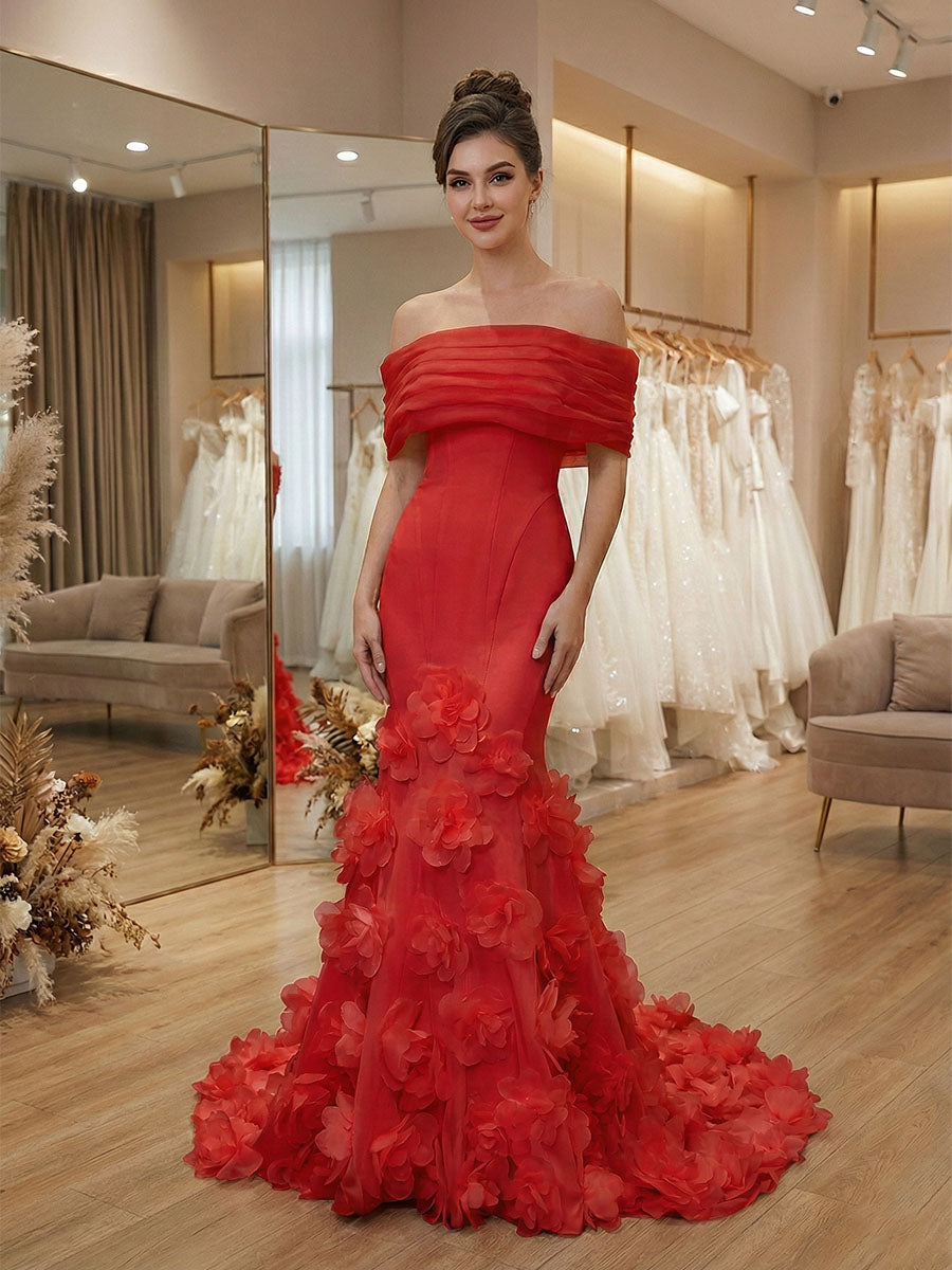 White Off-the-Shoulder Mermaid Prom Dresses with 3D Rosette Skirt