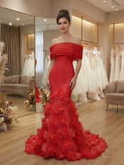 White Off-the-Shoulder Mermaid Prom Dresses with 3D Rosette Skirt