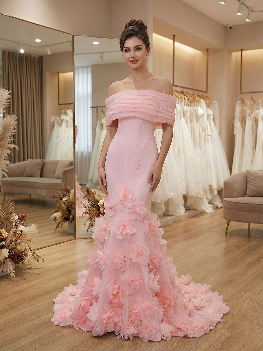 White Off-the-Shoulder Mermaid Prom Dresses with 3D Rosette Skirt