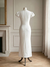 White Ruched Classic Notched Short Sleeve Puff Sleeve Sheath Midi Dress