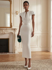 White Ruched Classic Notched Short Sleeve Puff Sleeve Sheath Midi Dress