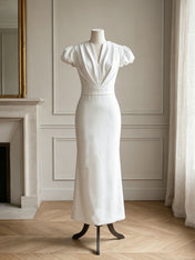 White Ruched Classic Notched Short Sleeve Puff Sleeve Sheath Midi Dress