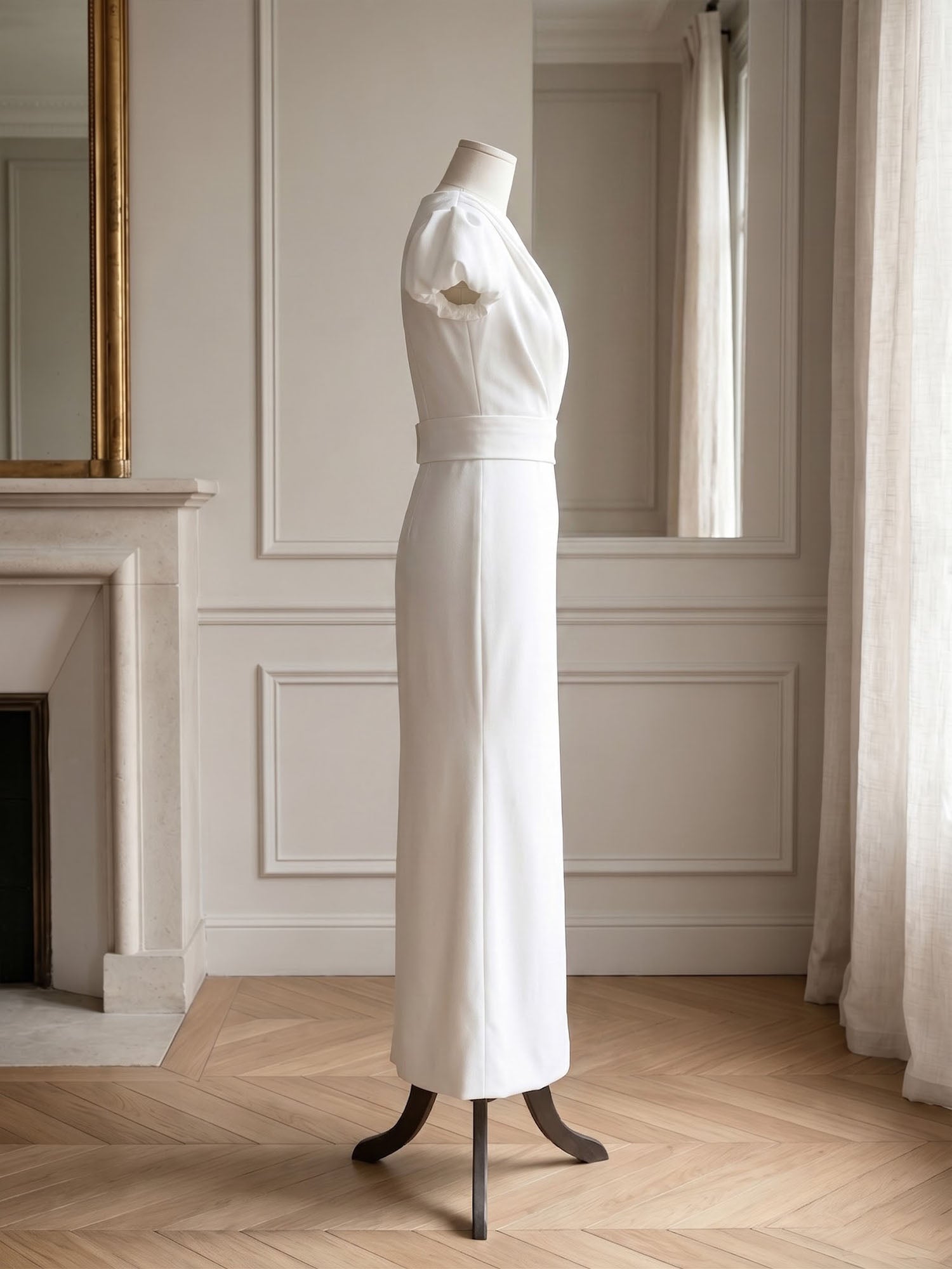 White Ruched Classic Notched Short Sleeve Puff Sleeve Sheath Midi Dress