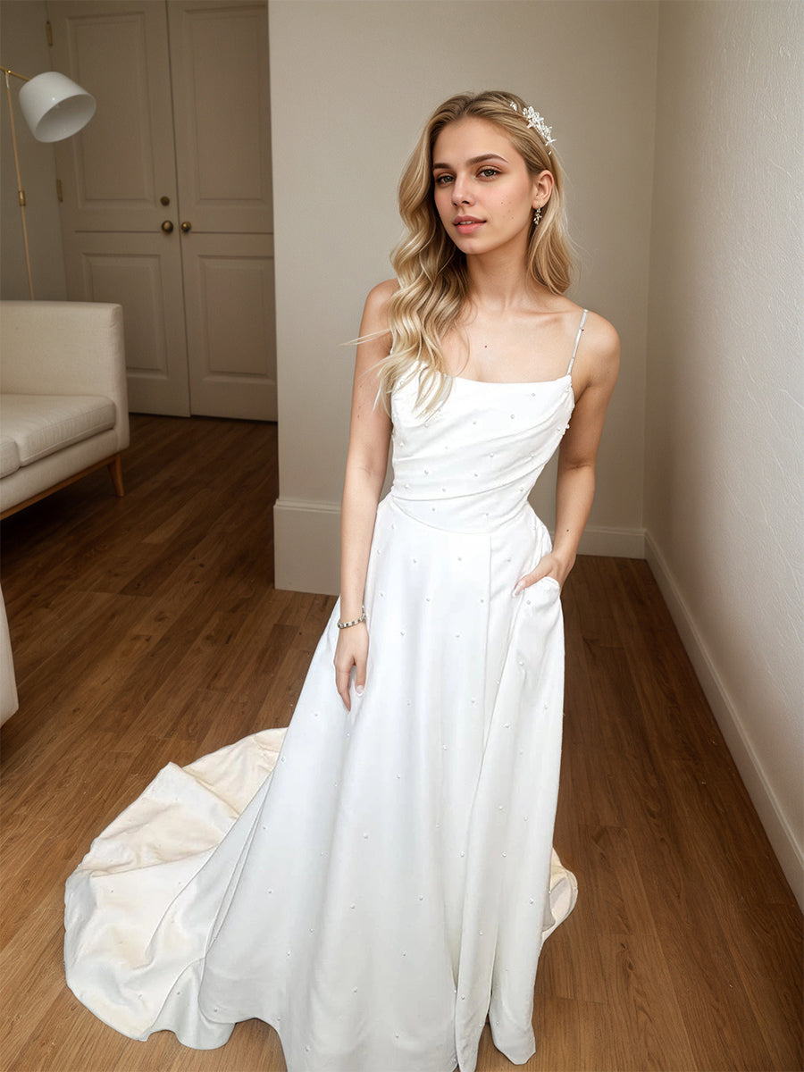 White Satin A-Line Long Prom Dress with Scattered Pearls