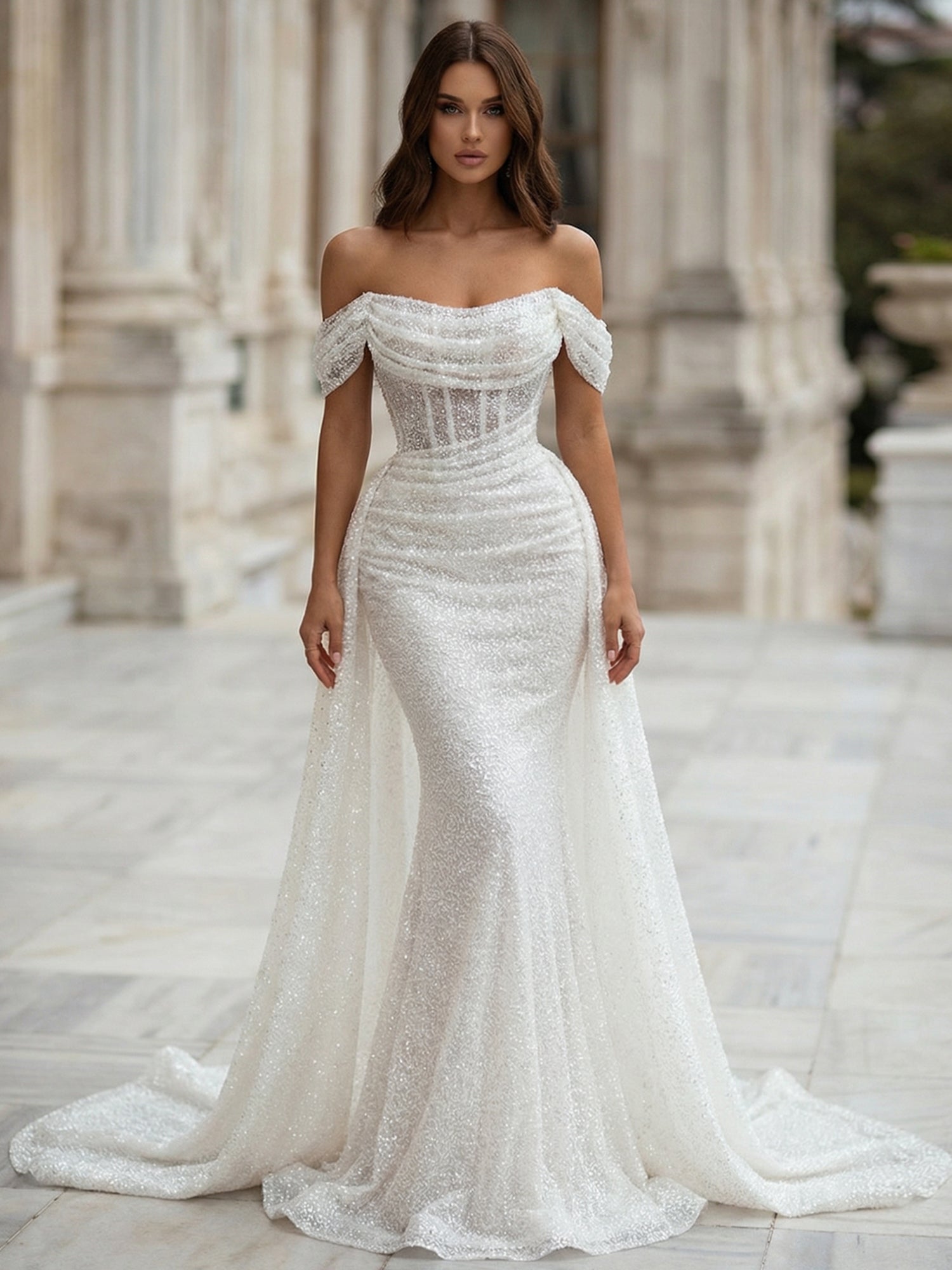 White Sequin Corset Mermaid Prom Dress with Overskirt