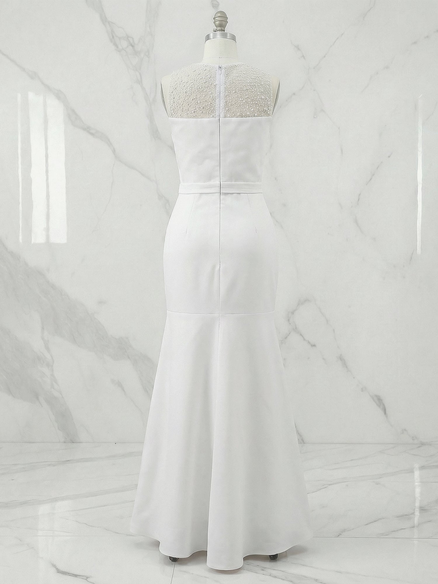 White Sequin Neckline Sleeveless Mermaid Maxi Dress Gown