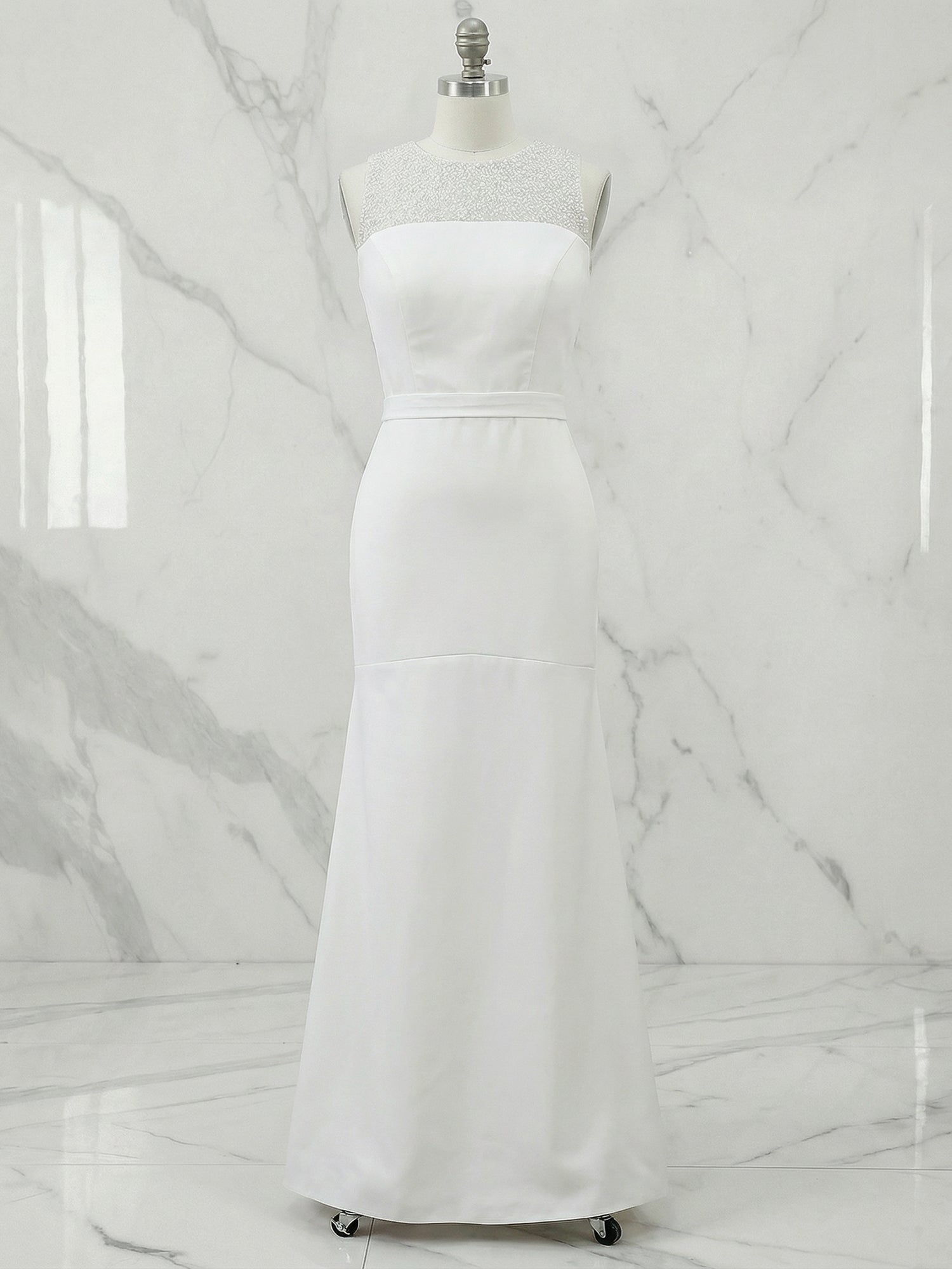 White Sequin Neckline Sleeveless Mermaid Maxi Dress Gown