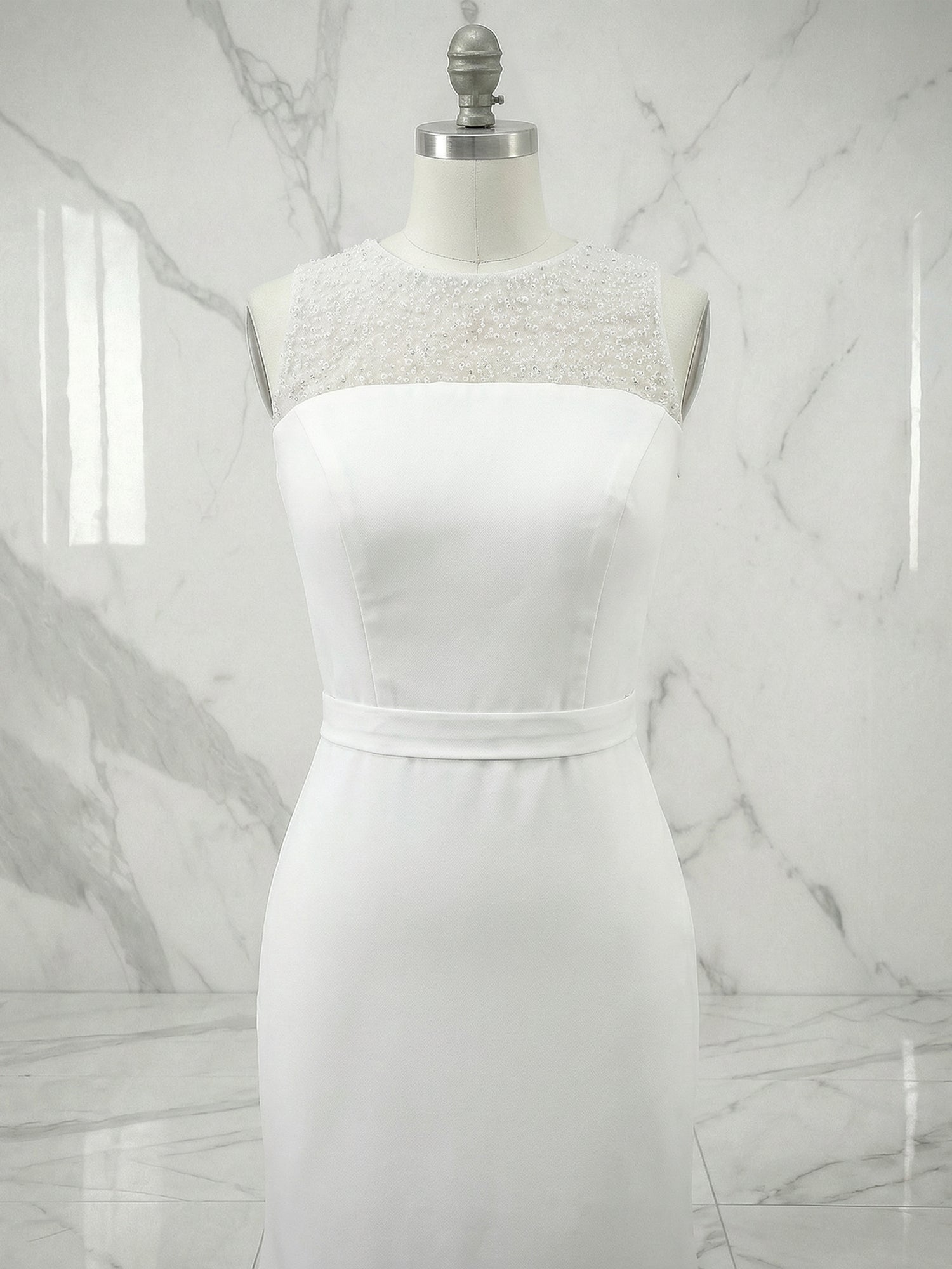 White Sequin Neckline Sleeveless Mermaid Maxi Dress Gown