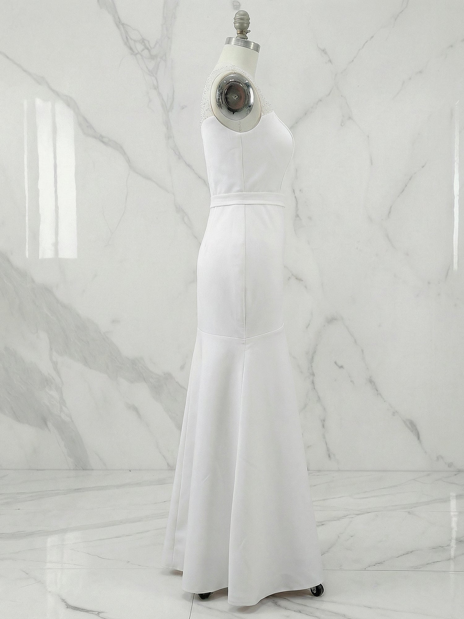 White Sequin Neckline Sleeveless Mermaid Maxi Dress Gown