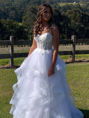 White Sheer Floral Lace Corset Spaghetti Straps Tulle Tiered Prom Dress