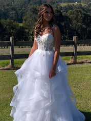 White Sheer Floral Lace Corset Spaghetti Straps Tulle Tiered Prom Dress