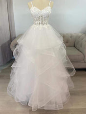 White Sheer Floral Lace Corset Spaghetti Straps Tulle Tiered Prom Dress