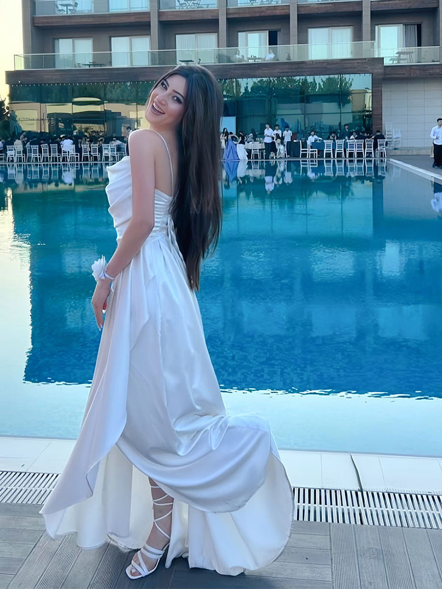 White Spaghetti Straps Satin Cowl Neck Prom Dress with Cascading Ruffle Slit