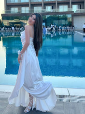 White Spaghetti Straps Satin Cowl Neck Prom Dress with Cascading Ruffle Slit