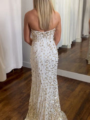 White Strapless Teardrop Sequin Embellishments Prom Dress with High Slit