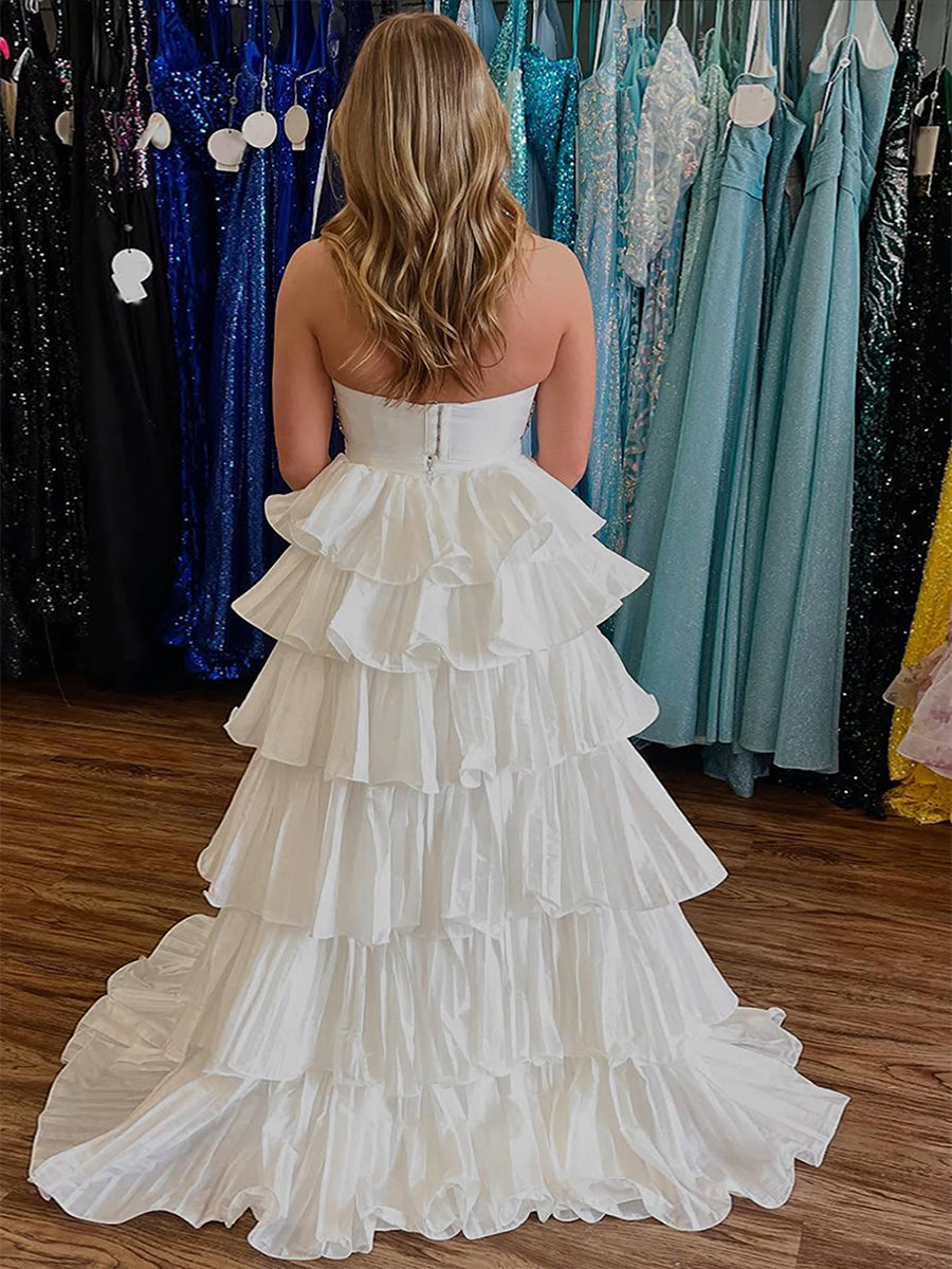 White Two-Piece Tiered Ruffle Prom Dress with Crystal Bodice