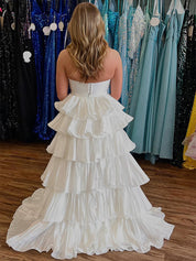 White Two-Piece Tiered Ruffle Prom Dress with Crystal Bodice