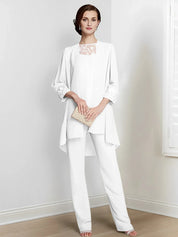 Tailleur-pantalon en mousseline à manches longues pour mère de la mariée avec veste 