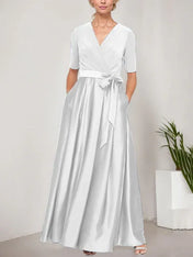 Surplice Neckline Ballgown with Full Satin Skirt & Jersey Bodice