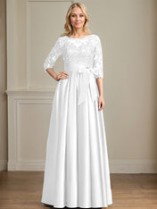 A-line Scoop Illusion Floor-Length Satin Lace Mother of the Bride Dress With Sequins Bow