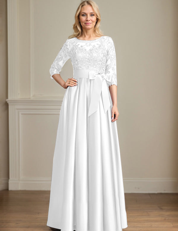 A-line Scoop Illusion Floor-Length Satin Lace Mother of the Bride Dress With Sequins Bow