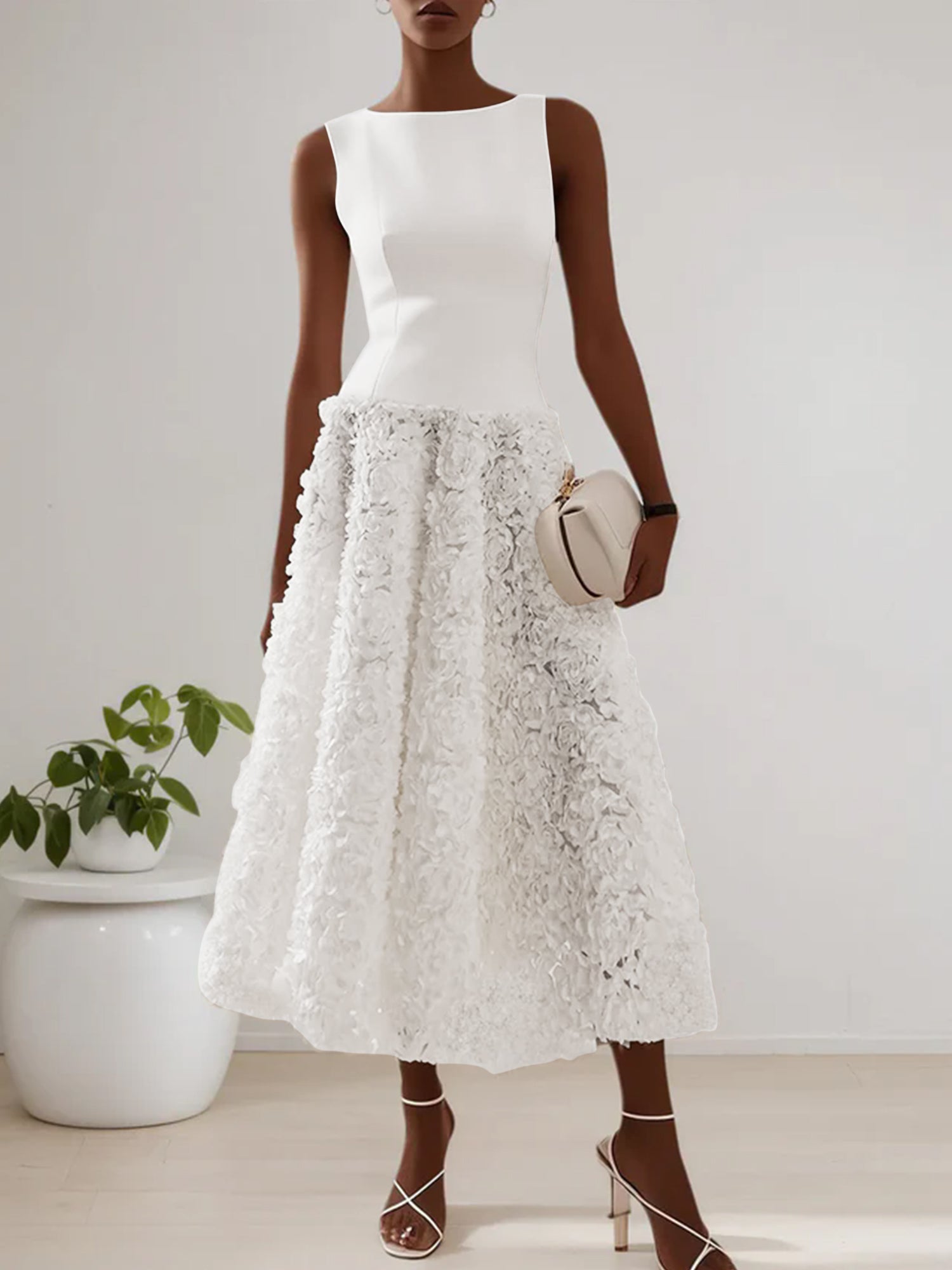 White 3D Floral Boat Neck A-Line Midi Dress