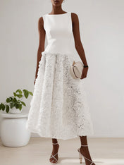 White 3D Floral Boat Neck A-Line Midi Dress