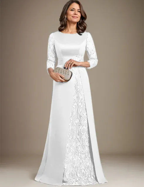 Robe de mère de la mariée en satin et dentelle, coupe trapèze, longueur au sol, avec appliques 