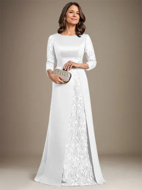 Robe de mère de la mariée en satin et dentelle, coupe trapèze, longueur au sol, avec appliques 