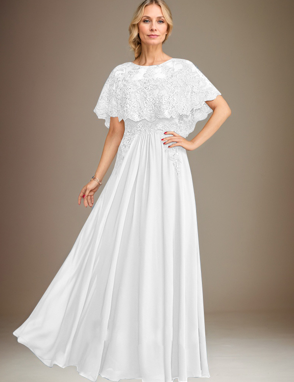 A-line Boat Neck Floor-Length Lace Chiffon Mother of the Bride Dress With Applique Sequins