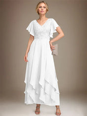 A-line V-Neck Ankle-Length Lace Chiffon Mother of the Bride Dress With Cascading Ruffles