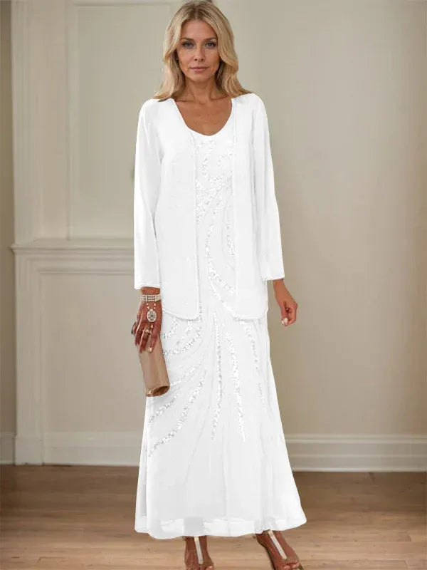 Robe de mère de la mariée fourreau/colonne, col en V, longueur cheville, avec veste et paillettes 