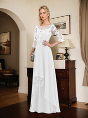 A-line Scoop Illusion Floor-Length Lace Chiffon Mother of the Bride Dress With Cascading Ruffles