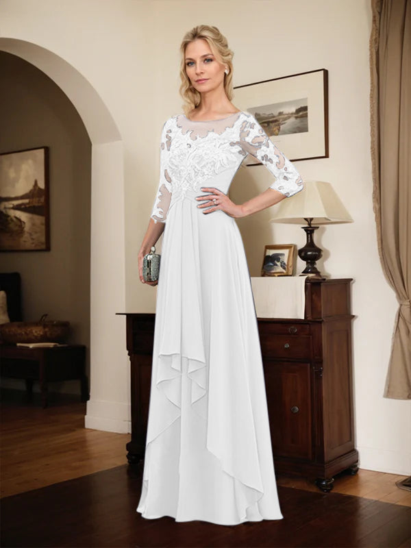 A-line Scoop Illusion Floor-Length Lace Chiffon Mother of the Bride Dress With Cascading Ruffles