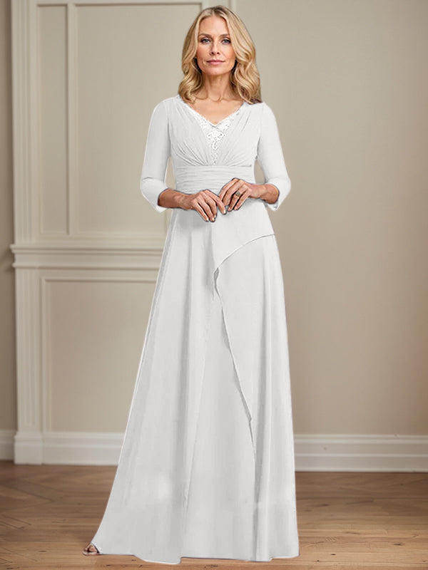 A-line V-Neck Floor-Length Chiffon Mother of the Bride Dress With Pleated Beading