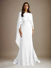 Robe de mère de la mariée en mousseline, coupe fourreau/colonne, col bateau, longueur ras du sol, avec volants en cascade 