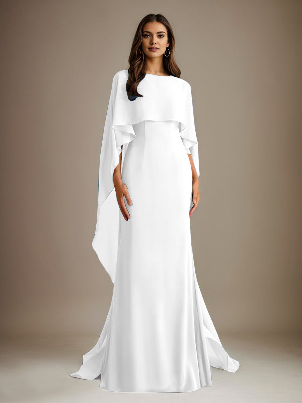Robe de mère de la mariée en mousseline, coupe fourreau/colonne, col bateau, longueur ras du sol, avec volants en cascade 