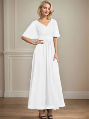 A-line V-Neck Ankle-Length Chiffon Mother of the Bride Dress With Pleated Beading Sequins