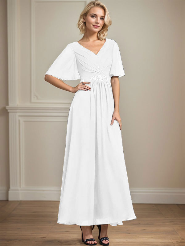 A-line V-Neck Ankle-Length Chiffon Mother of the Bride Dress With Pleated Beading Sequins