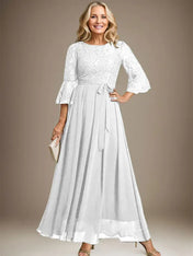 A-line Scoop Ankle-Length Lace Chiffon Mother of the Bride Dress With Bow
