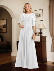 A-line Scoop Illusion Floor-Length Chiffon Lace Mother of the Bride Dress With Pleated Sequins