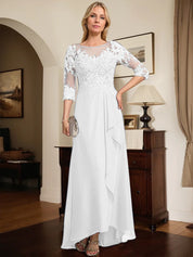 A-line Scoop Illusion Asymmetrical Lace Chiffon Mother of the Bride Dress With Sequins Cascading Ruffles