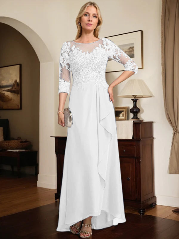 A-line Scoop Illusion Asymmetrical Lace Chiffon Mother of the Bride Dress With Sequins Cascading Ruffles