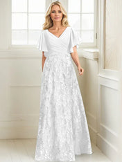 A-line V-Neck Floor-Length Lace Sequin Chiffon Mother of the Bride Dress With Pleated