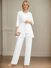 Jumpsuit/Pantsuit Separates Scoop Floor-Length Chiffon Lace Mother of the Bride Dress With Sequins