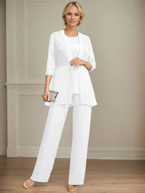 Pantsuit Separates Scoop Floor-Length Chiffon Lace Mother of the Bride Dress With Sequins