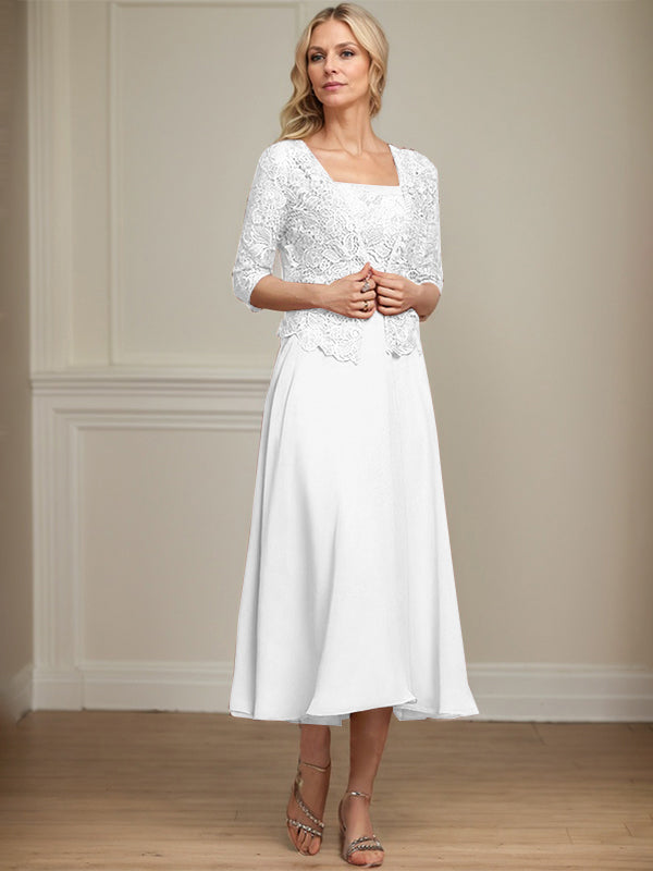 A-line Square Tea-Length Chiffon Lace Mother of the Bride Dress With Sequins Beading