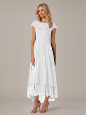 A-line Boat Neck Illusion Asymmetrical Chiffon Lace Mother of the Bride Dress With Applique Pleats