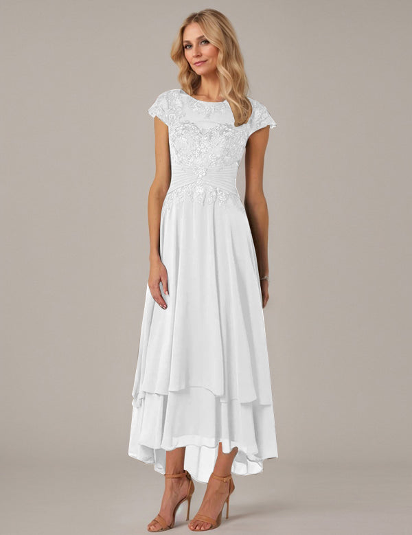 A-line Boat Neck Illusion Asymmetrical Chiffon Lace Mother of the Bride Dress With Applique Pleats
